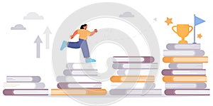 Woman run on stairs of books stacks to award