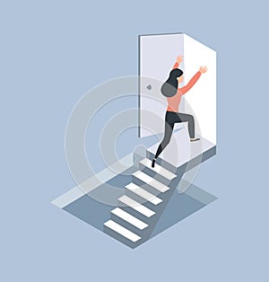 Woman run up  to door on top of stairs isometric concept