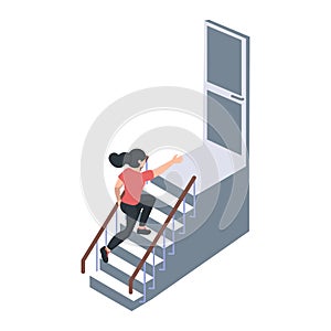 woman run up to door on top of stairs isometric vector