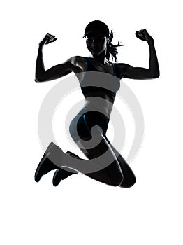 Woman runner jogger jumping powerful