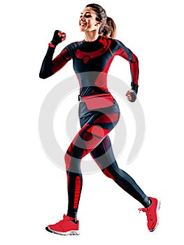 Woman runner running jogger jogging jumpsuit isolated white background