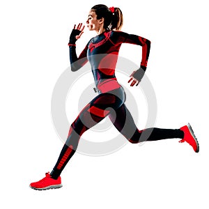 Woman runner running jogger jogging jumpsuit isolated white background