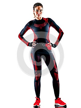 Woman runner running jogger jogging jumpsuit isolated white background