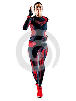 Woman runner running jogger jogging jumpsuit isolated white background