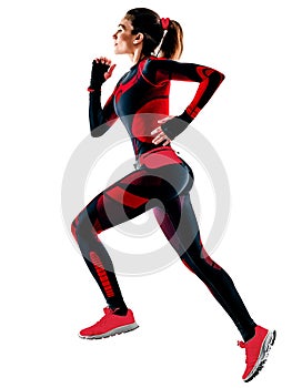 Woman runner running jogger jogging jumpsuit isolated white background