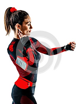 Woman runner running jogger jogging jumpsuit isolated white background