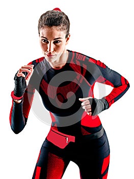 Woman runner running jogger jogging jumpsuit isolated white background