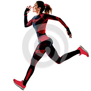 Woman runner running jogger jogging jumpsuit isolated white background