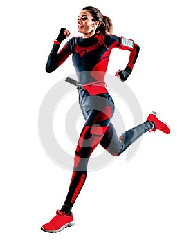 Woman runner running jogger jogging jumpsuit isolated white background