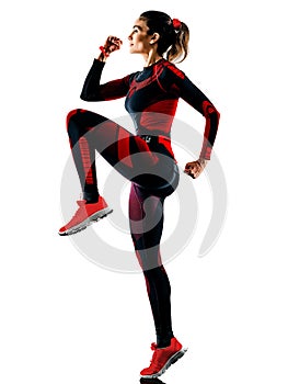 woman runner running jogger jogging jumpsuit isolated white background