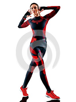 woman runner running jogger jogging jumpsuit isolated white background