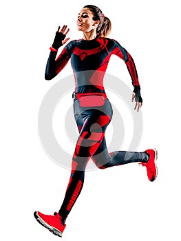 woman runner running jogger jogging jumpsuit isolated white background