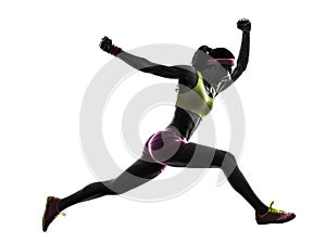 Woman runner running jumping shouting silhouette