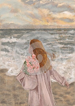 A woman running along the seashore. Modern Boho Pink Sea with Waves Art Print. Abstract Minimal Background. Bohemian