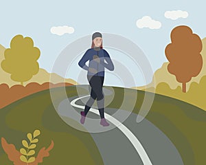 A woman running in an autumn park. Sports training on the street. Runner in motion. Marathon and long runs outside. running and