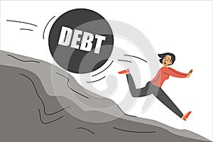 Woman running away from the big debt isolated