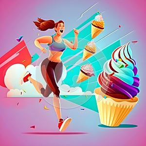 Woman running away from sweets and junk food. A good looking young sportive woman is trying to run away from unhealthy food.