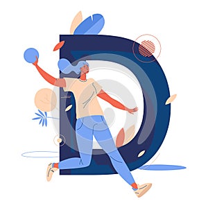 Woman running with ball in dodgeball game in front of capital letter D. Youth and healthy lifestyle concept illustration