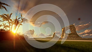 Woman running on the beach and aircraft landing, beautiful sunrise