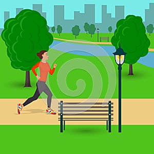 Woman running in beautiful city park with river, trees, silhouettes of buildings on background. Jogging woman. Vector illustration