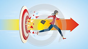 Woman running through dartboard. Vector illustration.