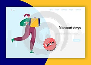 Woman Running for Discount Shopping Landing Page. Holiday Shopoholic Character Holding Bag Concept for Website Web Page