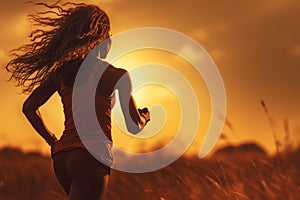 Woman Running in Field at Sunset, Active and Serene Outdoor Exercise, woman athlete running in the field at sunset, dramatic