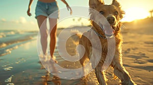 Woman running with his dog on the Beach, summer holiday, vacation and relax on weekend