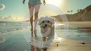 Woman running with his dog on the Beach, summer holiday, vacation and relax on weekend