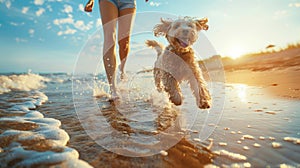 Woman running with his dog on the Beach, summer holiday, vacation and relax on weekend