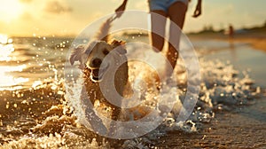 Woman running with his dog on the Beach, summer holiday, vacation and relax on weekend