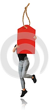 Woman running and holding in hands red sale tag.  on white backgnround