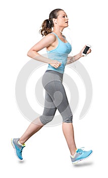 Woman Running Jogging with Earbuds Isolated on White Background