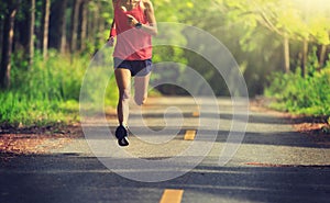 woman running at morning tropical forest trail