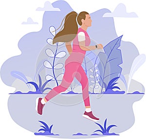 Woman running outdoors. Flat colorful style character vector illustration. Vector Illustration. Global Running Day.