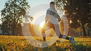 Woman Running in a Park During Sunset in the Style of 32k UHD photo
