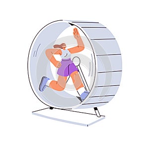 Woman running, rushing, hurrying in hamster wheel, circle. Person happy with fast life pace, repetitive routine