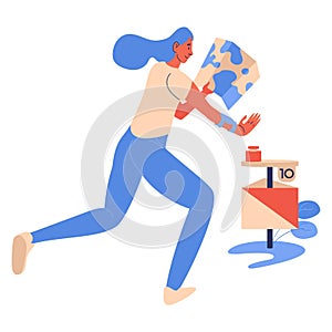 Woman running to the check point during orienteering game competition. Cartoon isolated on white character with map