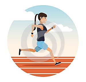 Woman running on track round icon