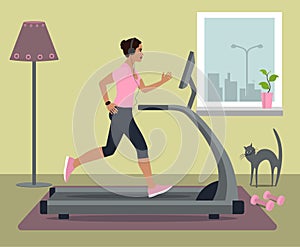 Woman running on treadmill in headphones at home