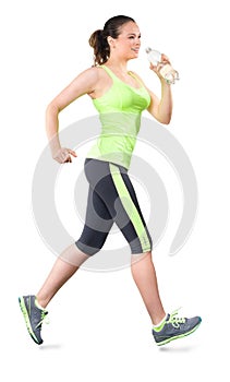Woman Running with Water Bottle Isolated on White Background