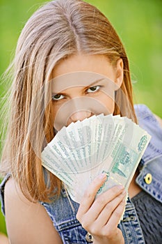 Woman with Russian roubles
