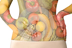 A woman's abdomen with fruits and vegetables isolated on white