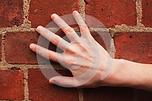 Woman's ahnd touching a red brick wall