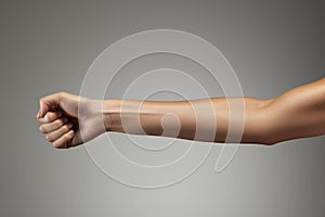 A Woman\'s Arm Is Shown With A Gray Background photo