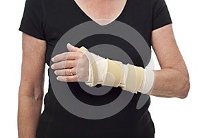 Woman's bandaged arm and wrist in splint