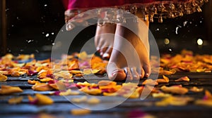 A woman's bare feet walking on a wooden floor with petals scattered about, AI