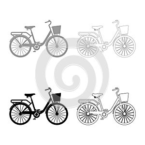 Woman\'s bicycle with basket Womens beach cruiser bike Vintage bicycle basket ladies road cruising icon set black color vector