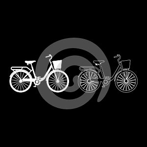 Woman\'s bicycle with basket Womens beach cruiser bike Vintage bicycle basket ladies road cruising icon set white color vector