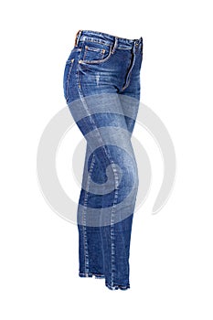 Woman`s blue jeans. Female legs in jeans isolated on white